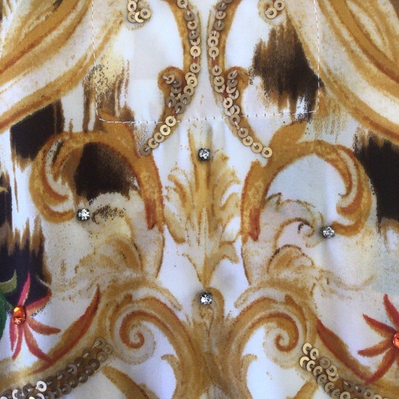 CHICOS SCROLL PATTERNED GOLD EMBELLISHED SILKY TUNIC SMALL - Picture 13 of 16